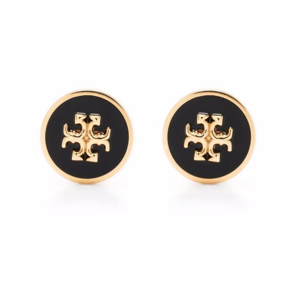 Tory Burch - Kira Gold and Black enameled Two-Tone Round Logo Stud Earrings, EUC - Picture 9 of 10